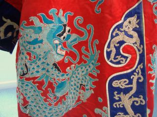 Antique / vintage Red Silk Chinese Robe,  embroidered blue dragons,  early 20th 6