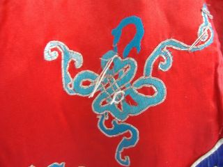Antique / vintage Red Silk Chinese Robe,  embroidered blue dragons,  early 20th 7
