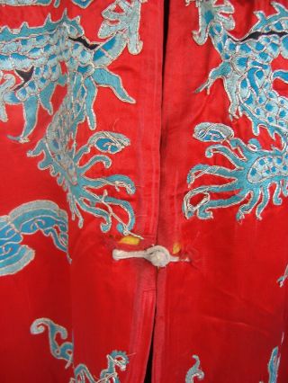Antique / vintage Red Silk Chinese Robe,  embroidered blue dragons,  early 20th 8