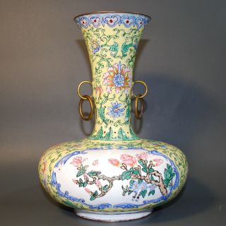 Antique Chinese Bronze Enamel Hand Painted Vase,  Wax Mark,  Qing Republic