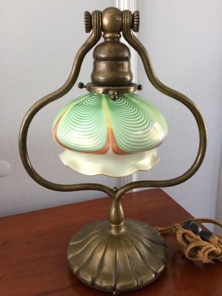 Authentic Antique Tiffany Studios Harp Lamp With Quezal Shade