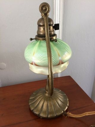 Authentic Antique Tiffany Studios Harp Lamp with Quezal Shade 6
