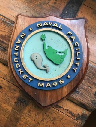 Vintage Hand Painted Wooden Sign Naval Facility Nantucket Mass Map Whale