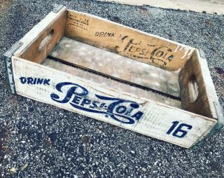 Very Rare White Blue Vintage 1975 Pepsi Cola Script 16oz Wood Soda Pop Crate