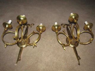 2 Antique Sconces Solid Brass Triple French Horn - 3 L Ea.  Exc 19x15x9 - 1/2 Hvy