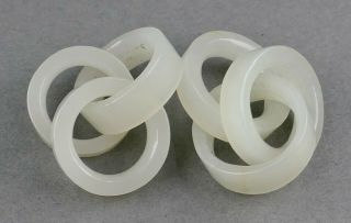 Fine Antique Pair Chinese Carved White Jade Tri Ring Court Necklace Beads 1 9