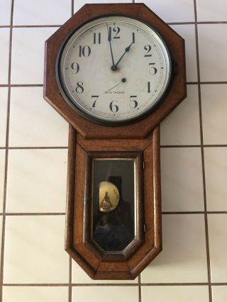 Antique Seth Thomas Usa 32 " X16 " Strike Octagonal Pendulum Wall Clock With Key