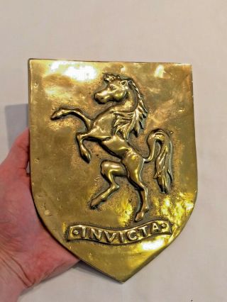 Vintage / Antique Large Cast Brass Armorial Crest of Kent: INVICTA Rampant Horse 8