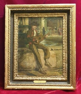 19th Century Spanish Guitar Music Portrait Listed French Oil Painting