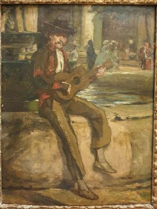 19th Century Spanish Guitar Music Portrait Listed French Oil Painting 2