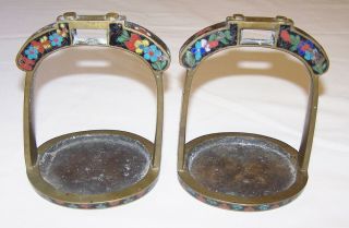 Pair Antique Chinese Enamel Cloisonné Brass Bronze Stirrups Abumi Asian Saddle