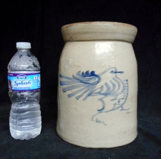 Late 19th C.  Antique Stoneware Crock Blue Decorated With Bird 2