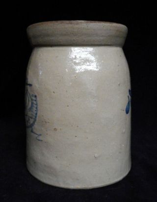 Late 19th C.  Antique Stoneware Crock Blue Decorated With Bird 3