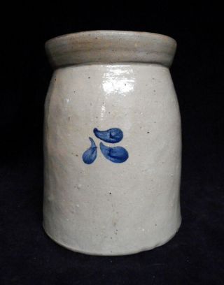 Late 19th C.  Antique Stoneware Crock Blue Decorated With Bird 4