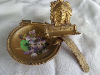 Antique Victorian Native American Indian Hp Violet Calling Card Tray Holder