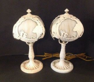 2 Rare Antique Salem Bros No 5 Arts&craft Slag Glass Ladies Dog Boudoir Lamp