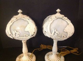 2 RARE ANTIQUE SALEM BROS NO 5 ARTS&CRAFT SLAG GLASS LADIES DOG BOUDOIR LAMP 4