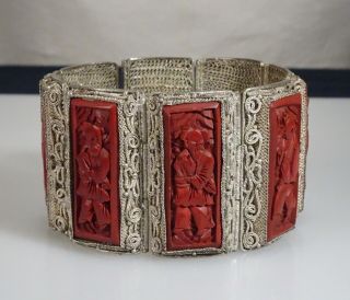 Chinese Export Silver Carved Cinnabar 8 Immortals Bracelet - 56350