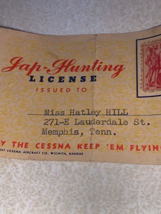 1941 JAP HUNTING LICENSE Dec 7th 1941 CESSNA CARD 6