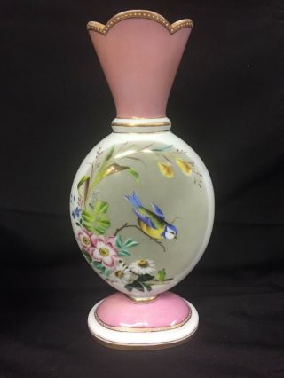 Tall Antique French Painted Pink/white Opaline Vase,  Bird,  Floral,  Gilt,  C.  1850