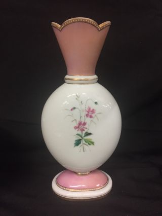 Tall Antique French Painted Pink/White Opaline Vase,  Bird,  Floral,  Gilt,  c.  1850 2