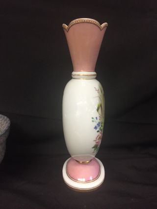 Tall Antique French Painted Pink/White Opaline Vase,  Bird,  Floral,  Gilt,  c.  1850 3