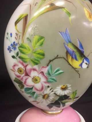 Tall Antique French Painted Pink/White Opaline Vase,  Bird,  Floral,  Gilt,  c.  1850 4