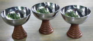 3 Rare Antique Art Deco Chrome Top Wood Base Cups Mugs Goblets Glass Set 3 " Tall