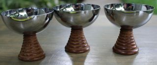3 Rare Antique Art Deco Chrome Top Wood Base Cups Mugs Goblets Glass Set 3 