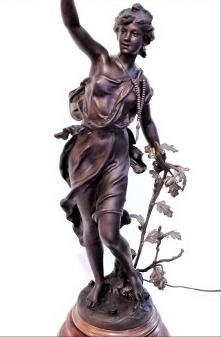 Art Nouveau Newel Post Lamp,  Lady Figurine Statue,  Chene,  Lcharles,  C1900,  38”t