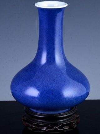 Very Fine Signed Chinese Kangxi Powder Blue & White Glaze Porcelain Bottle Vase