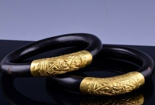 Pair Very Rare Chinese Qing Dynasty 22k Gold & Zitan Wedding Bracelets Marked