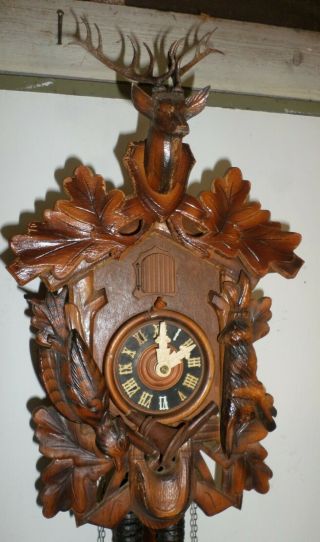 German Black Forest Old Distressed Hand Carved Hunter Deer Cuckoo Clock