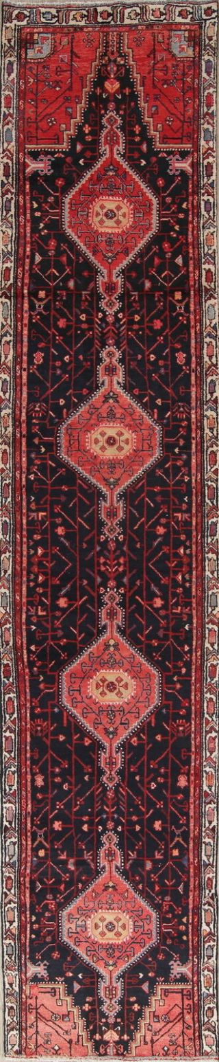 One - Of - A - Kind Geometric Black/pink Hamedan Persian Hand - Knotted 3x15 Runner Rug