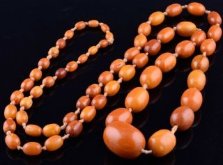 Large Antique Chinese Natural Butterscotch Egg Yolk Amber Buddhist Bead Necklace