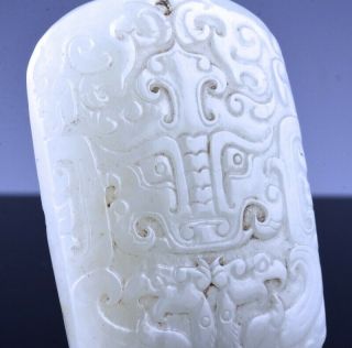 TRULY OLD CHINESE CARVED WHITE JADE DRAGON MASK PENDANT IMPERIAL QIANLONG 4