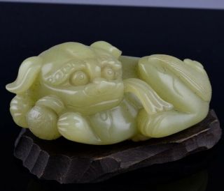Rare & Superbly Carved Chinese Yellow Jade Fu Lion Mythical Beast Figure W Stand