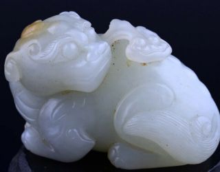 Old Chinese White Jade Fu Lion Bixi Grasping Lotus Figure Qianlong