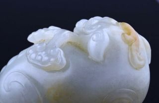 OLD CHINESE WHITE JADE FU LION BIXI GRASPING LOTUS FIGURE QIANLONG 7