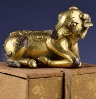 Chinese Gold Gilt Bronze Ram Figure Scroll Weight Ming Qing Dynasty