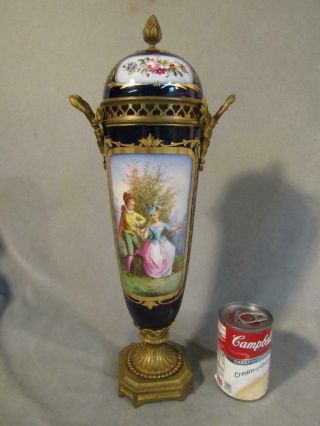 Antique Sevres 17 " Tall Cobalt Covered Vase / Urn With Lovers & Flowers