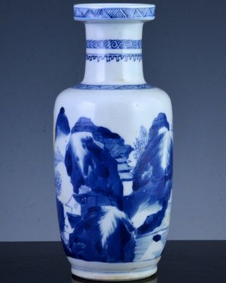 Authentic 17hc Chinese Kangxi Blue White Mountain Landscape Rouleau Vase