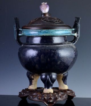 Impressive Huge C1600 Chinese Ming Dynasty Aubergine Fahua Glaze Censer Vase