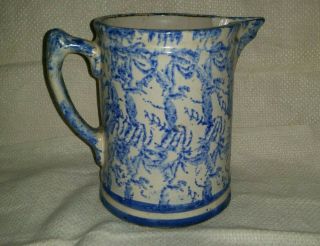 Rare Antique Blue & White Spongeware Stoneware Pitcher Unusual Pattern