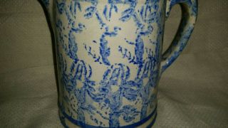 Rare Antique BLUE & WHITE SPONGEWARE STONEWARE PITCHER Unusual Pattern 3