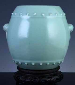 Rare Signed Chinese Qianlong Longquan Celadon Glaze Drum Form Vase Zitan Stand
