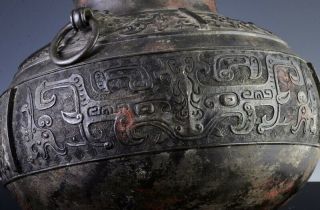 LARGE EARLY CHINESE ARCHAIC BRONZE MASK HANDLE HU VASE MING DYNASTY MARKED 12