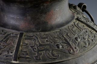 LARGE EARLY CHINESE ARCHAIC BRONZE MASK HANDLE HU VASE MING DYNASTY MARKED 8