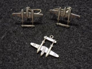 Wwii Us Army Sterling Sweetheart Jewelry P - 38 Lightning Pendant & Earrings
