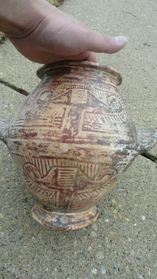 Country Pre Columbian? Antique Pottery Hand Painted Old 2 Handles 11 X 12 In